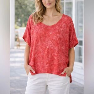 Kaktus Red Linen Geometric Print Short Sleeve Blouse Size M Made in Italy